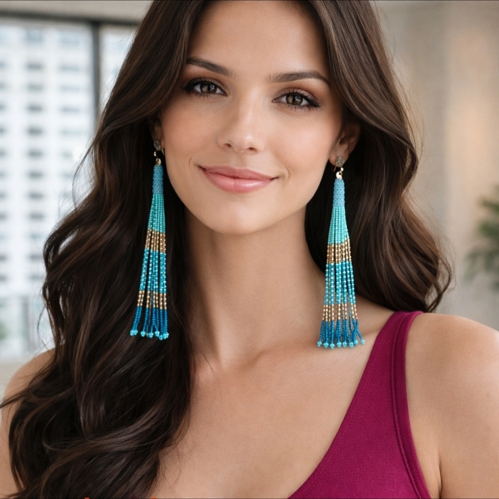 Hanmade Elegant Beaded Tassel Earrings 5 Inches Blue